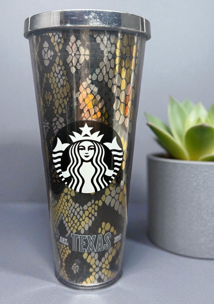 Starbucks 24 Oz Shiny Gold Silver Rattlesnake Snakeskin Texas Venti Tumbler