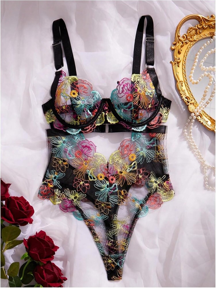 One Piece Women Sexy Lace Mesh Floral Embroidery See Through Teddy Bodysuit