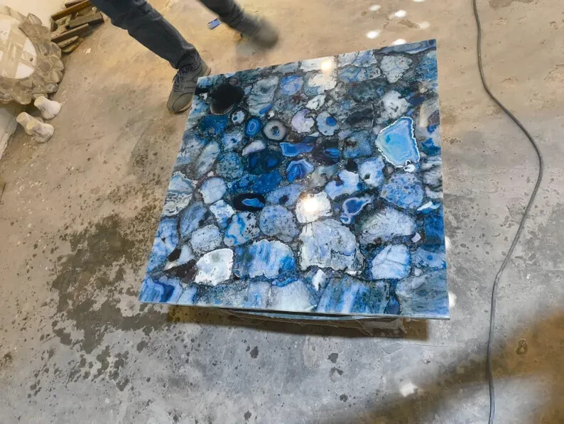 Blue Agate Coffee Table Top Agate Slab Console End Table Holiday Sale-image
