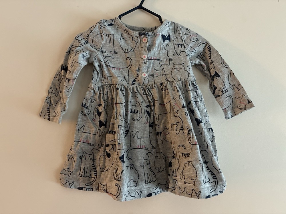 Carter's Baby Girls Cute Cat Print 100% Cotton Long Sleeve Dress Heather Gray 9M