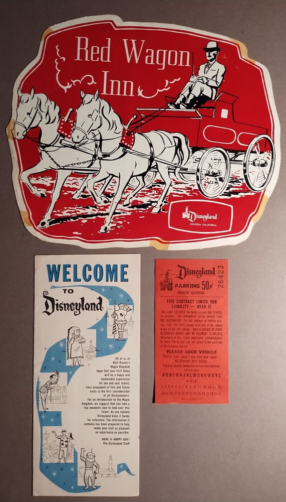 1961 Disneyland Red Wagon Inn Kids Menu Brochure Parking Pass B5-65 Vintage Memorabilia