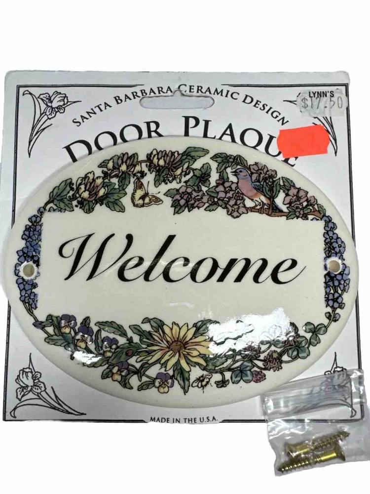 Welcome Door Plaque Santa Barbara Ceramic Design White Butterflies And Birds 5”
