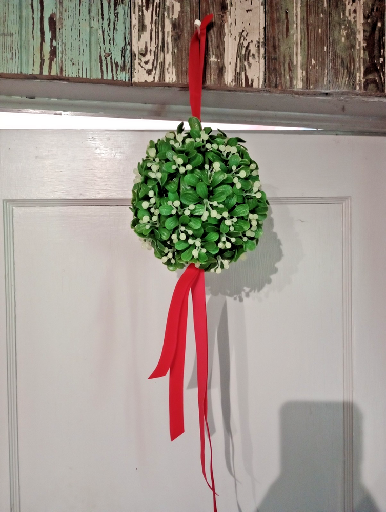 Vintage Christmas Plastic Mistletoe Holly Ball Hanging Red Velvet Bow 8” Ball