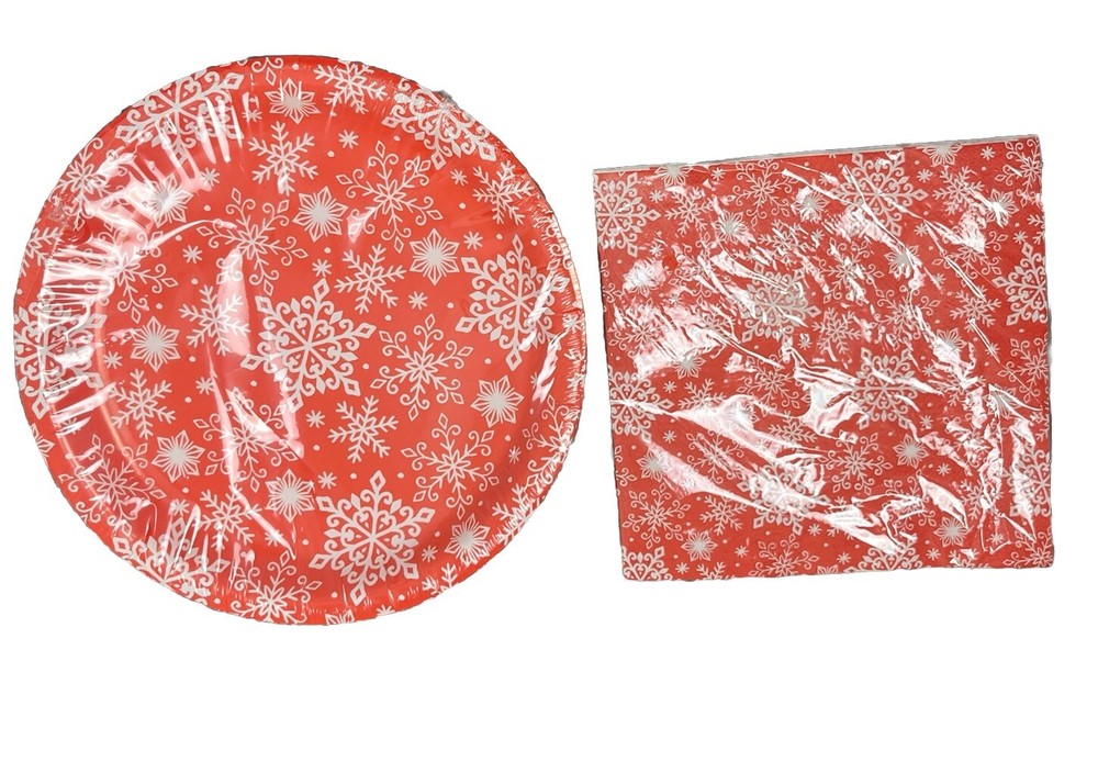 Christmas Snowflake Paper Plates 18 Napkins 20 Set Red Holiday Xmas Party Sealed