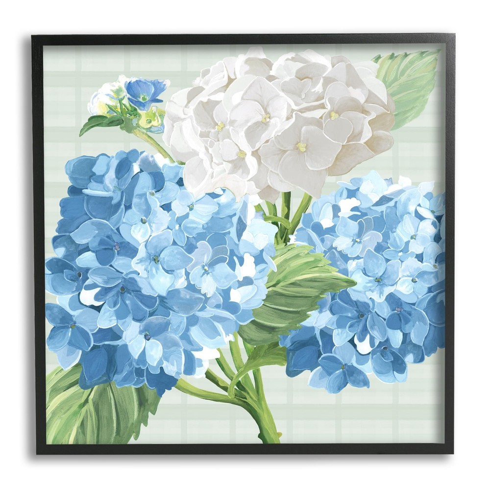 Hydrangeas on Plaid Black Framed Giclee Art Design by Erica Christopher