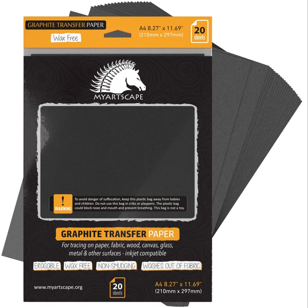 MyArtscape Graphite Transfer Paper, 20 Black Sheets - Wax Free - Erasable - S...