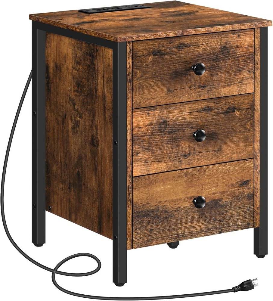 HOOBRO Nightstand with Charging Station, Side Table 3 Rustic Brown