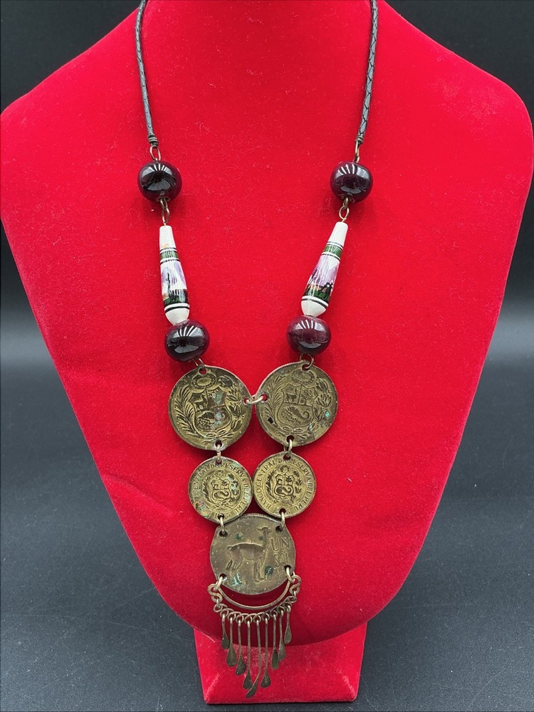 Vintage Tribal Coin Necklace with Bead Accents & Ornate Metalwork Pendant 14”
