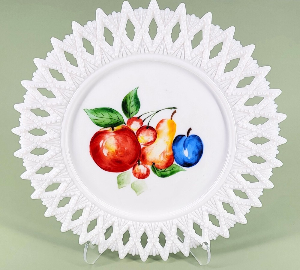 Westmoreland MCM Milk Glass Hand Painted Fruit Salad Plate 9 Inch  
