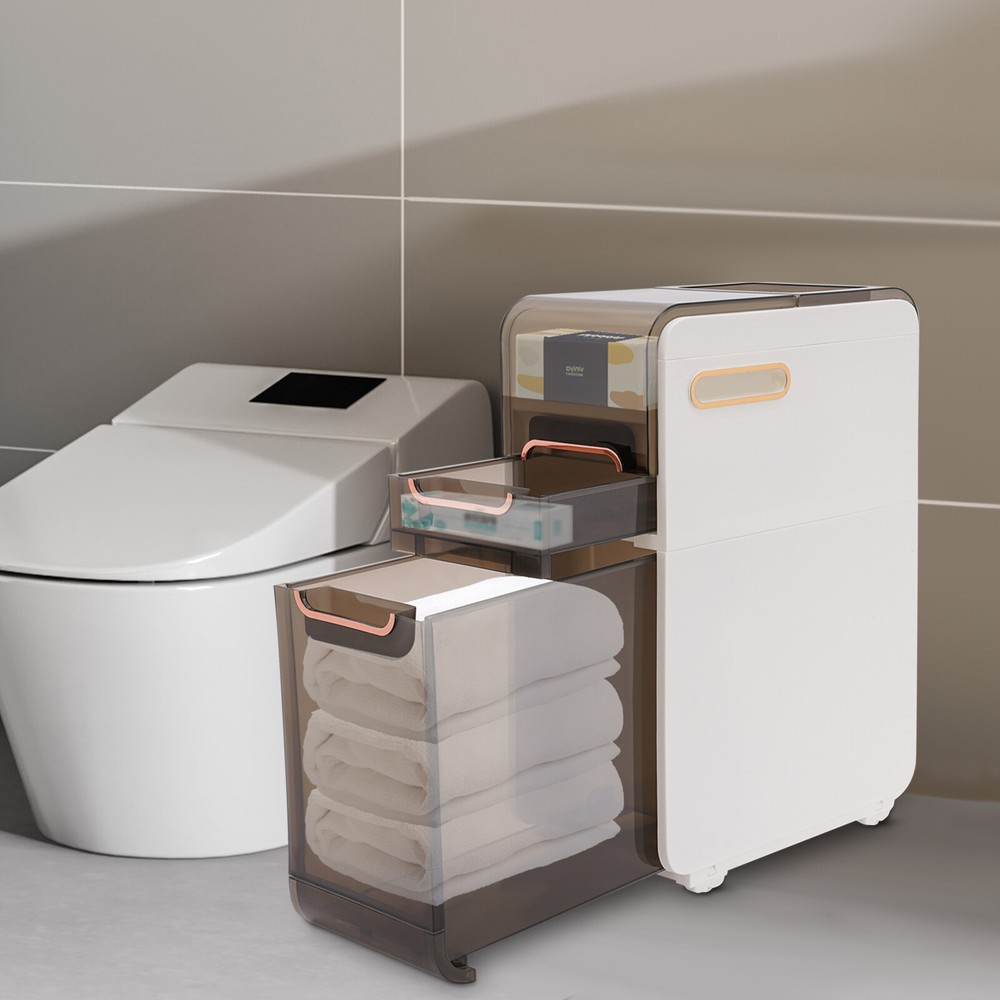 Space-Saving Floor Cabinet for Narrow Bathrooms with Toilet Paper Holder