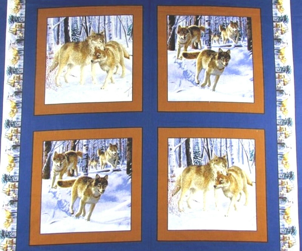 4 Wolf Pack Pillow Panels Fabric 100% Cotton Wildlife Wolves
