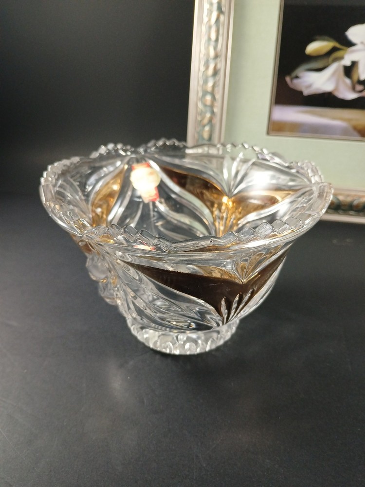 Anna Hutte Gold Lead Crystal Candy Bowl with Sparkling Facets