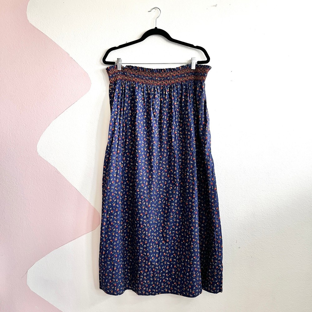 Blue Floral Smocked Waist Maxi Skirt Boho Cottagecore Flowy Fairycore XL