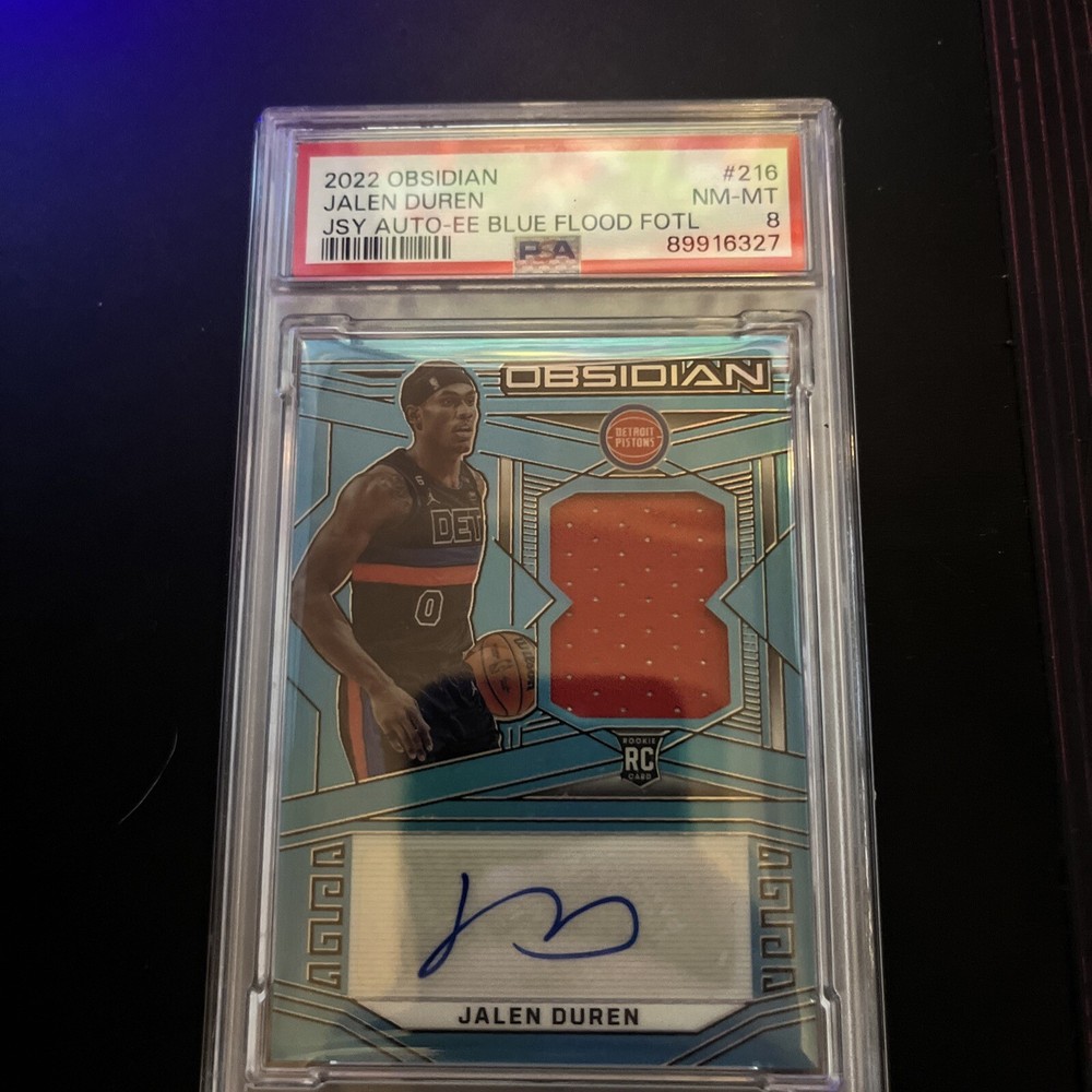 2022-23 Obsidian Jalen Duren Blue Flood EE Rookie Patch Auto RC /27 PSA 8