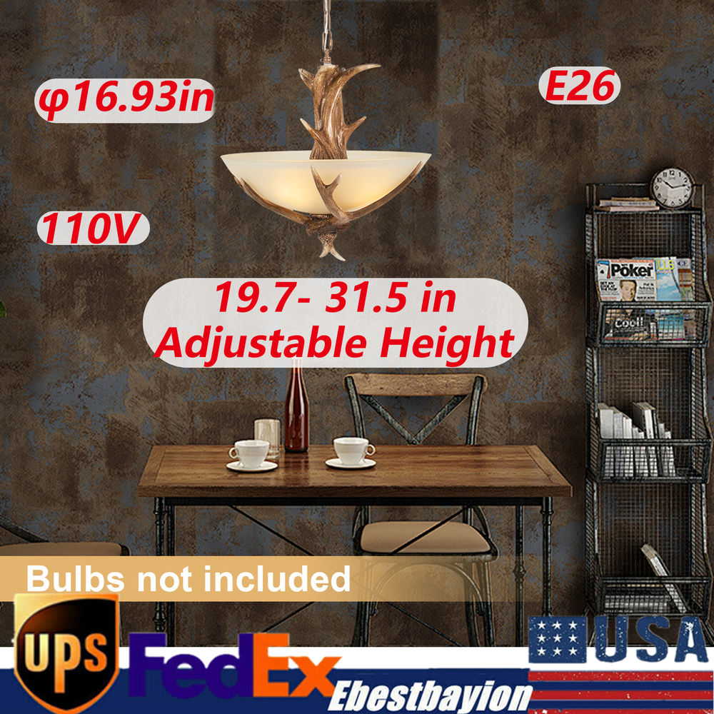 Chandelier E26 Rustic Lodge Log Cabin Ceiling Light Resin Deer Antler 3-Light