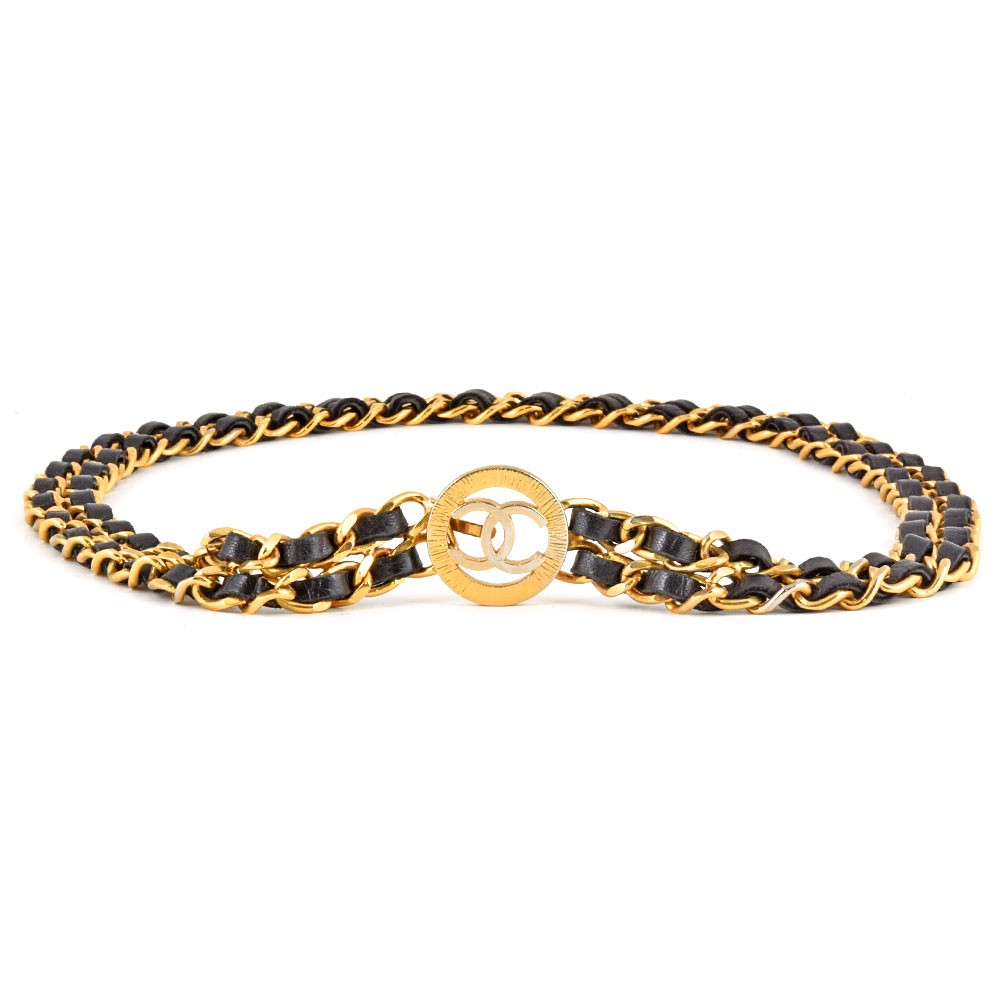 CHANEL Double Chain Leather Belt with Coco Mark in Gold for Women Pre-Owned
