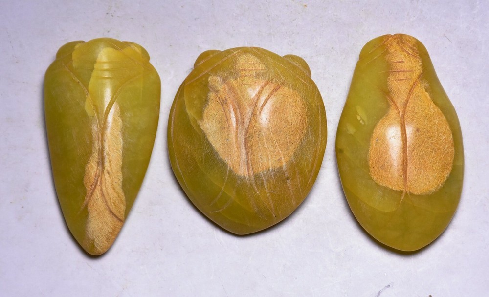 7CM Hongshan Culture Antique Yellow Jade Cicada Pendant Triple Charm