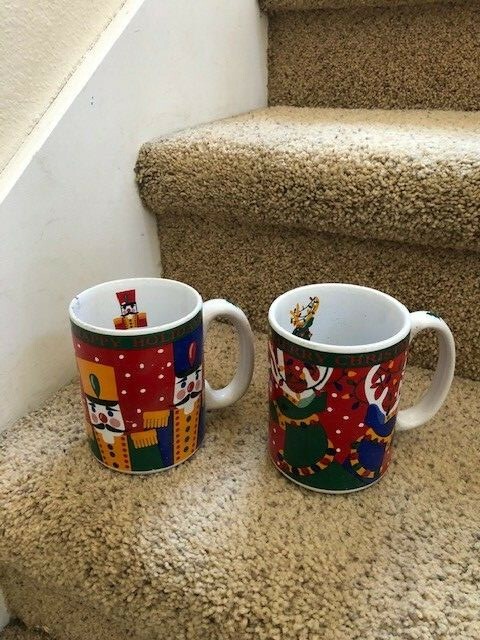 2 RIVIERA/Van Beers Signature Christmas Mugs with Reindeer Nutcracker Design