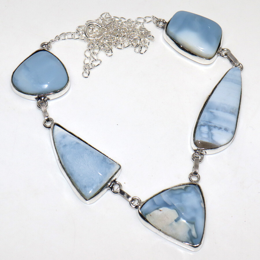 925 Silver Plated Owhyee Blue Opal Ethnic Necklace Jewelry Size 17