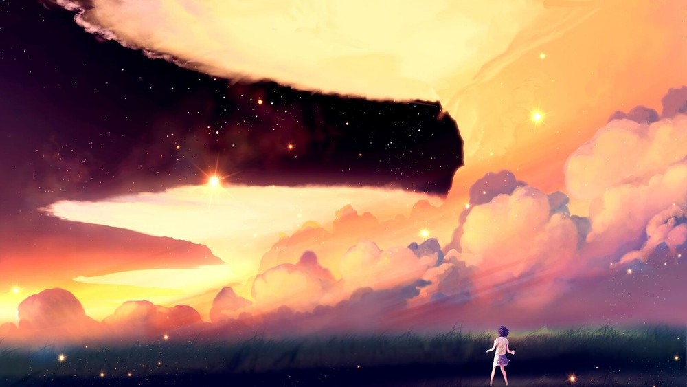 Playmat Desk Mat Anime clouds field sky stars looking into the distance Play