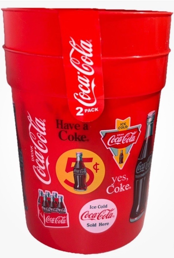 Coke Coca Cola 1- 2Pk 25oz Ea Plastic Drinking Cup 4 3/4”H x 4”W Red/White-NEW