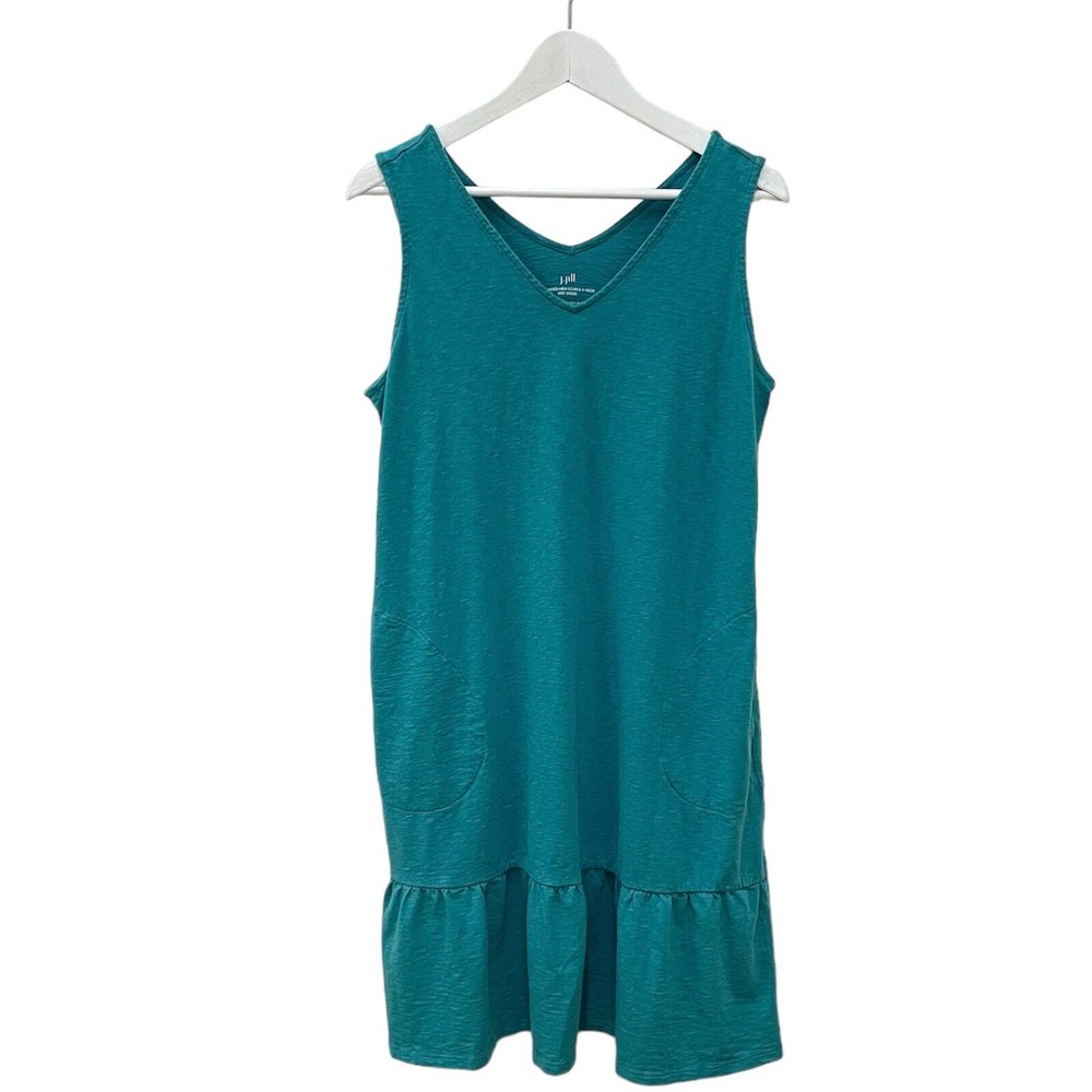 J. Jill Aqua Blue Flounced Hem Double V-Neck Sleeveless Cotton Knit Dress Sz M