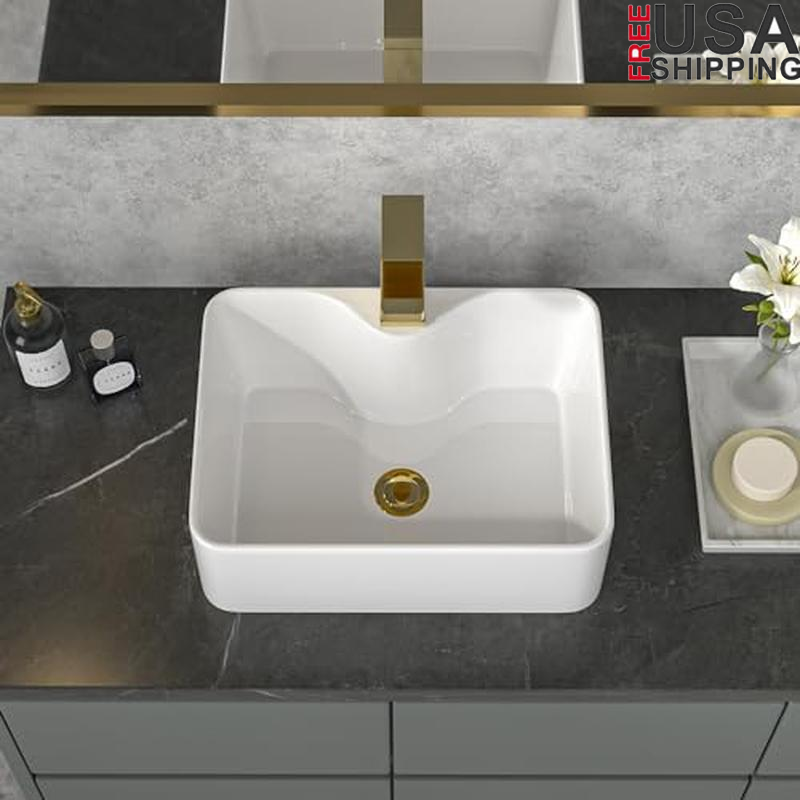 Modern Rectangular Ceramic Vessel Sink with Faucet Hole for Countertop Bathroom