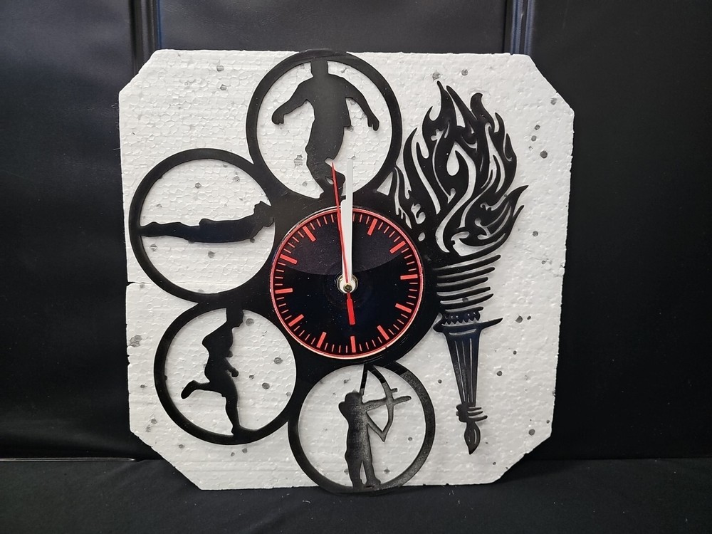 Die Cut Vinyl Record Olympics/ Torch Wall Clock -  Unique Home Accent - Gift New