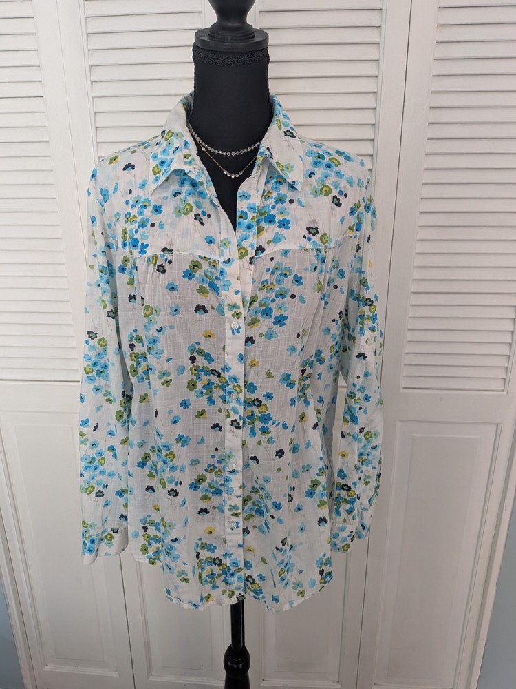 Liz Claiborne Womens 1X Blue Floral Button-Up Cotton Blouse Cottagecore Style