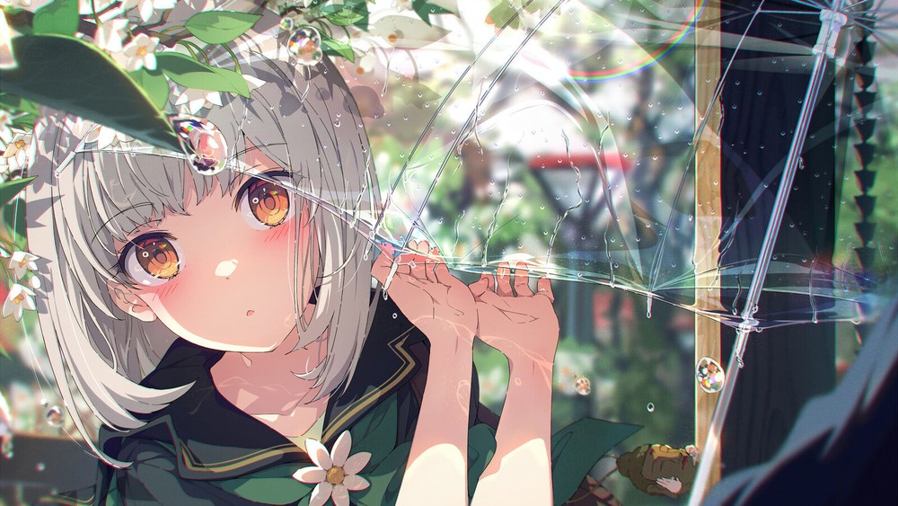 Anime Girl Umbrella Playmat with Rain Drops and Rainbows Design