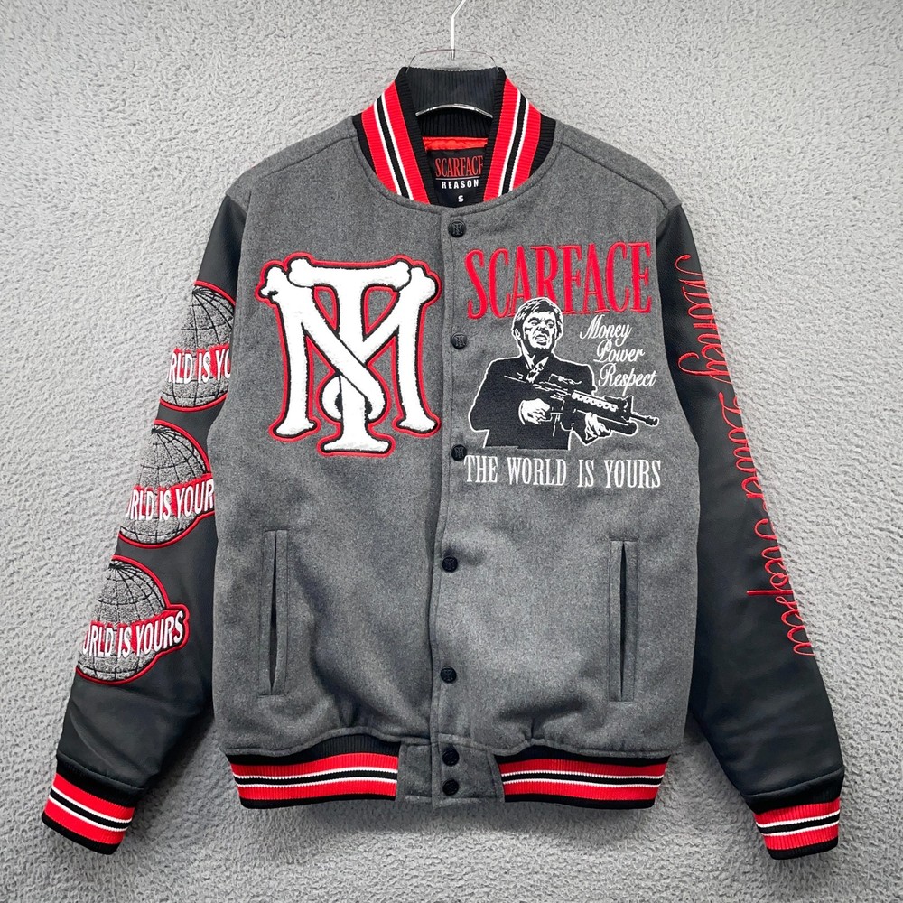 Reason Scarface Varsity Jacket Mens Small Gray Polywool Faux Leather Embroidered