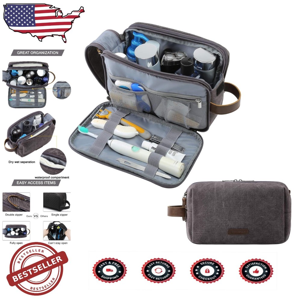 Luxury Men's Canvas Toiletry Bag - Travel Dopp Kit in Grey, Water-Resistant