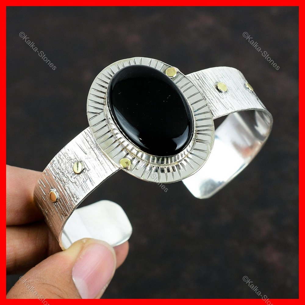 Mothers Day Natural Black Onyx Bezel Bangle Bracelet in 925 Sterling Silver-image