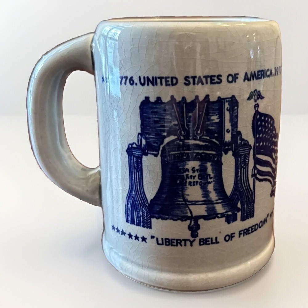 Vtg 1776 1976 USA Liberty Bell Of Freedom Coffee Mug Cup Gray Blue Ink Flag