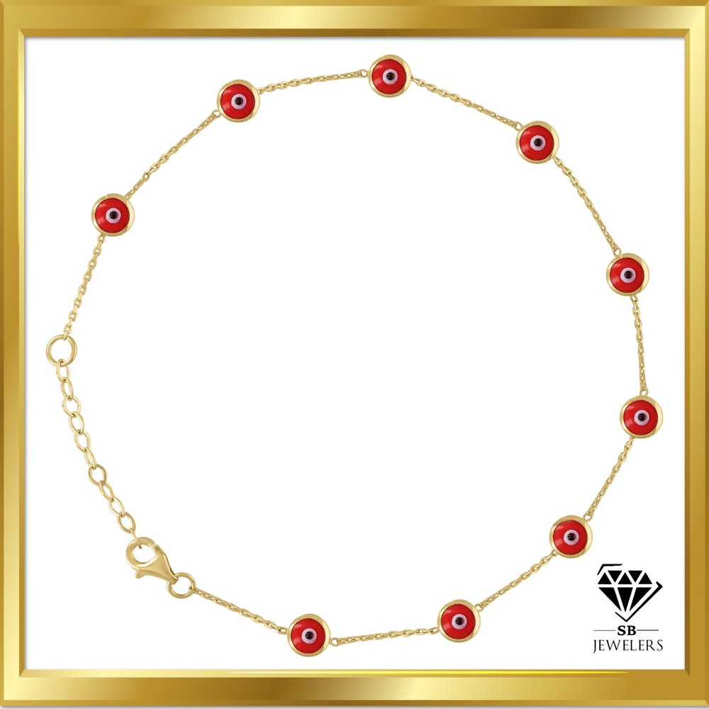 10K Yellow Gold Womens Red Black Enamel Evil Eye Chain Anklet Size 10 Inches