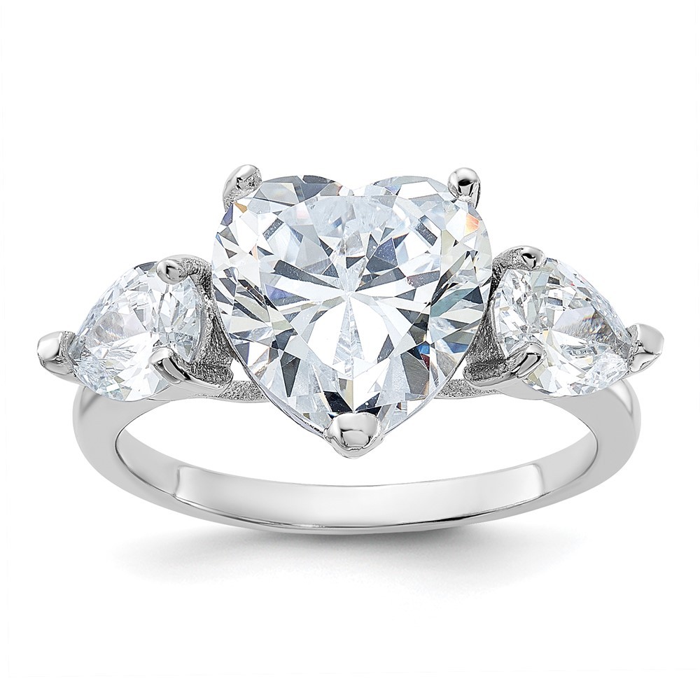 Sterling Silver Rhodium-plated Heart Shape Cubic Zirconia 3-Stone Ring Size 7