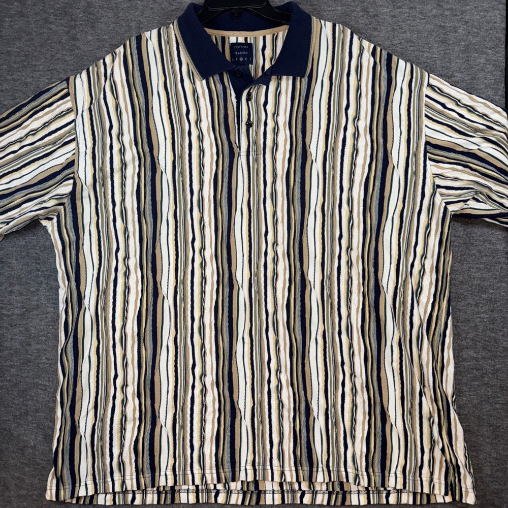 Cotton Traders Sport Men Polo Shirt Beige Striped 3D Knit Texture Vintage Sz XXL
