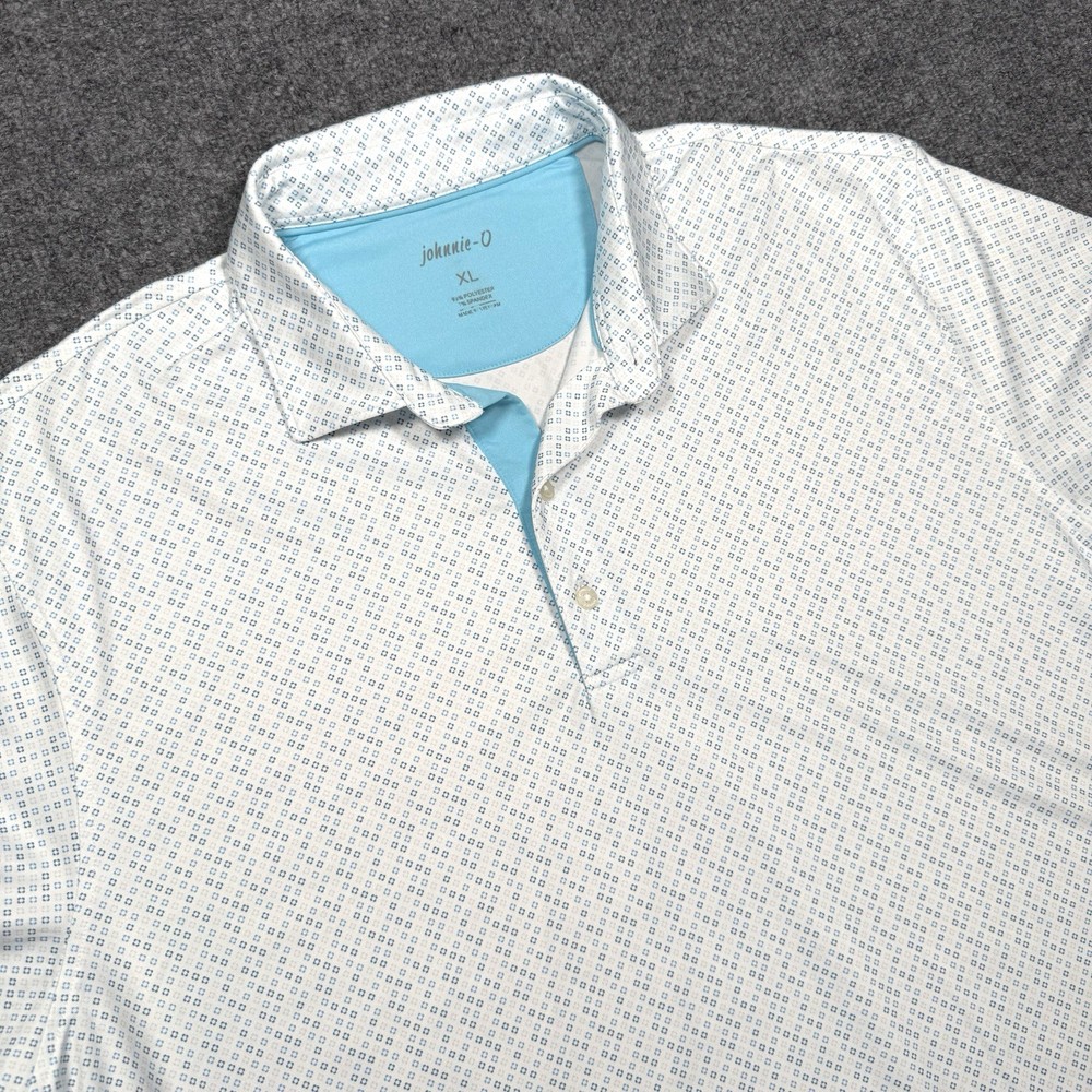 Johnnie-O Polo Shirt Mens XL White Blue Geometric Performance AOP Logo W/ Logo