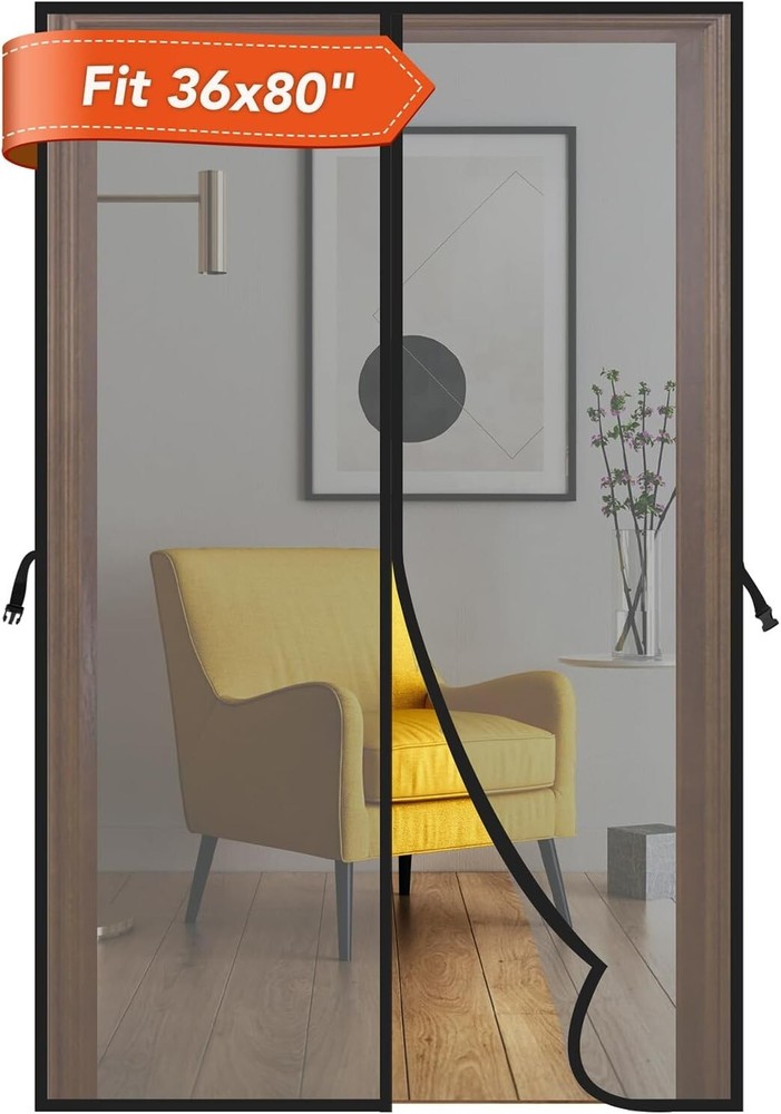 Heavy-Duty Black Magnetic Fiberglass Screen Door 36x80 Inches