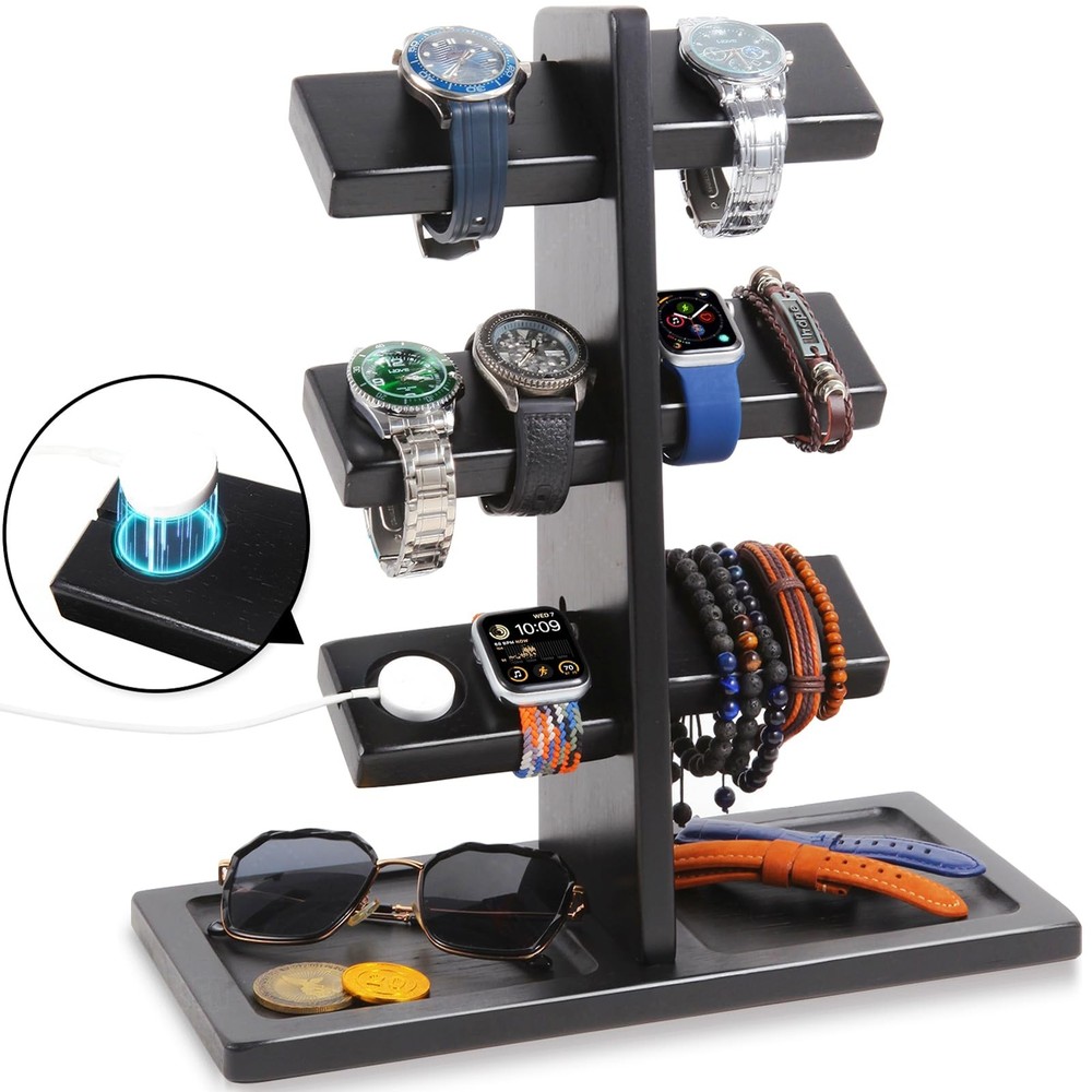 Watch Stand for Men, Watch Display Stand with Charger Groove, Wooden Watch Ho...