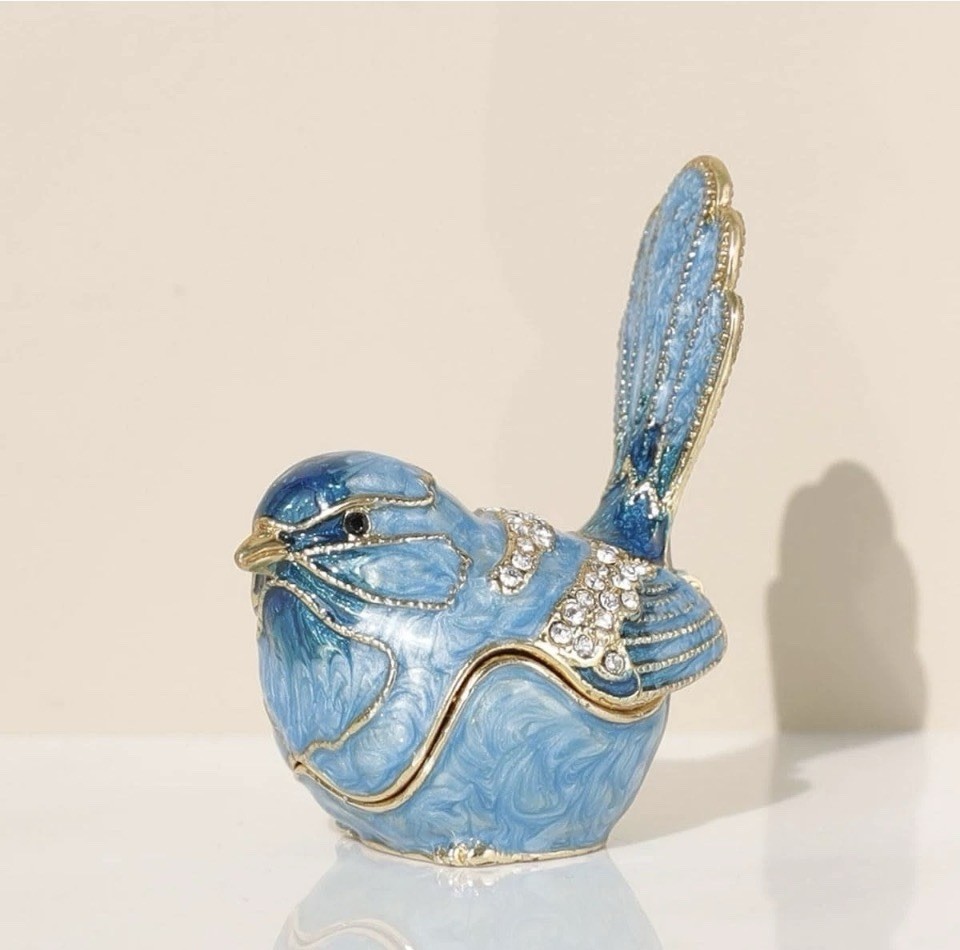 Hand-Painted Enamel Blue Bird Trinket Box – Rhinestone Mini Jewelry Organizer