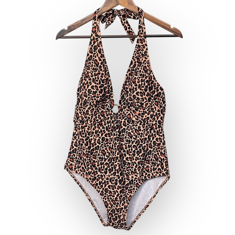 Kona Sol Womens Leopard Print Halter One Piece Swimsuit Size L Lined