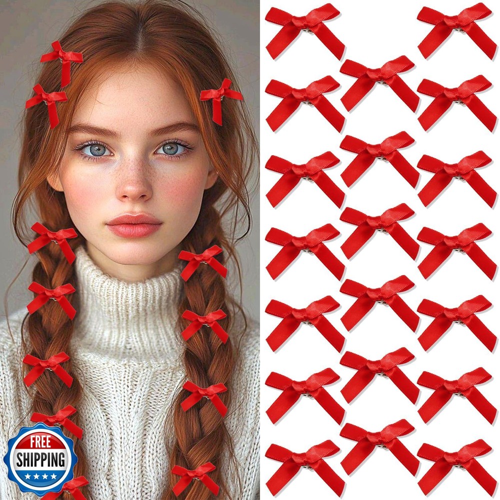 SAWINDA 20PCS Red Mini Hair Bows Small Silk Ribbon Clips