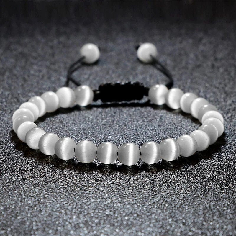 Natural Cat Eye Stone Bracelet Moonstone 8mm Beads white Bangle Jewelry Gift