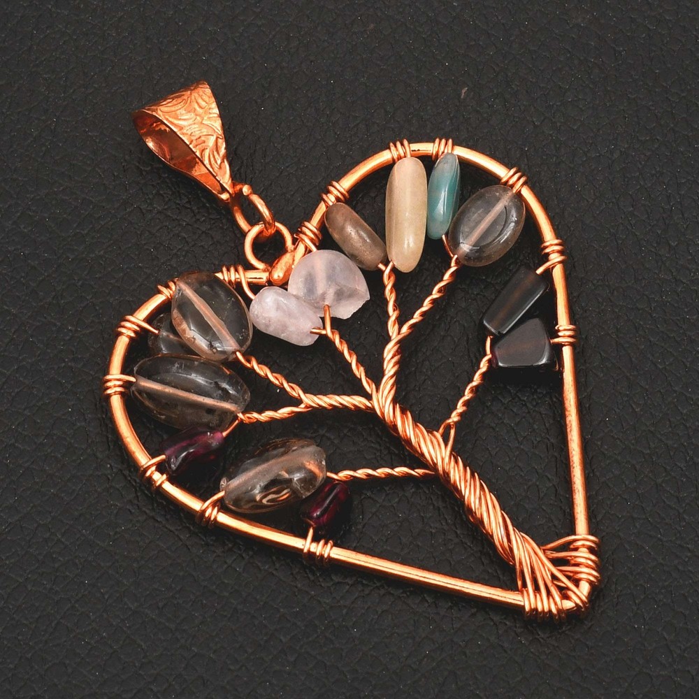 Tree of Life Multi Gemstone Handmade Copper Wire Pendant Necklace 2.44 Inches AP-43546