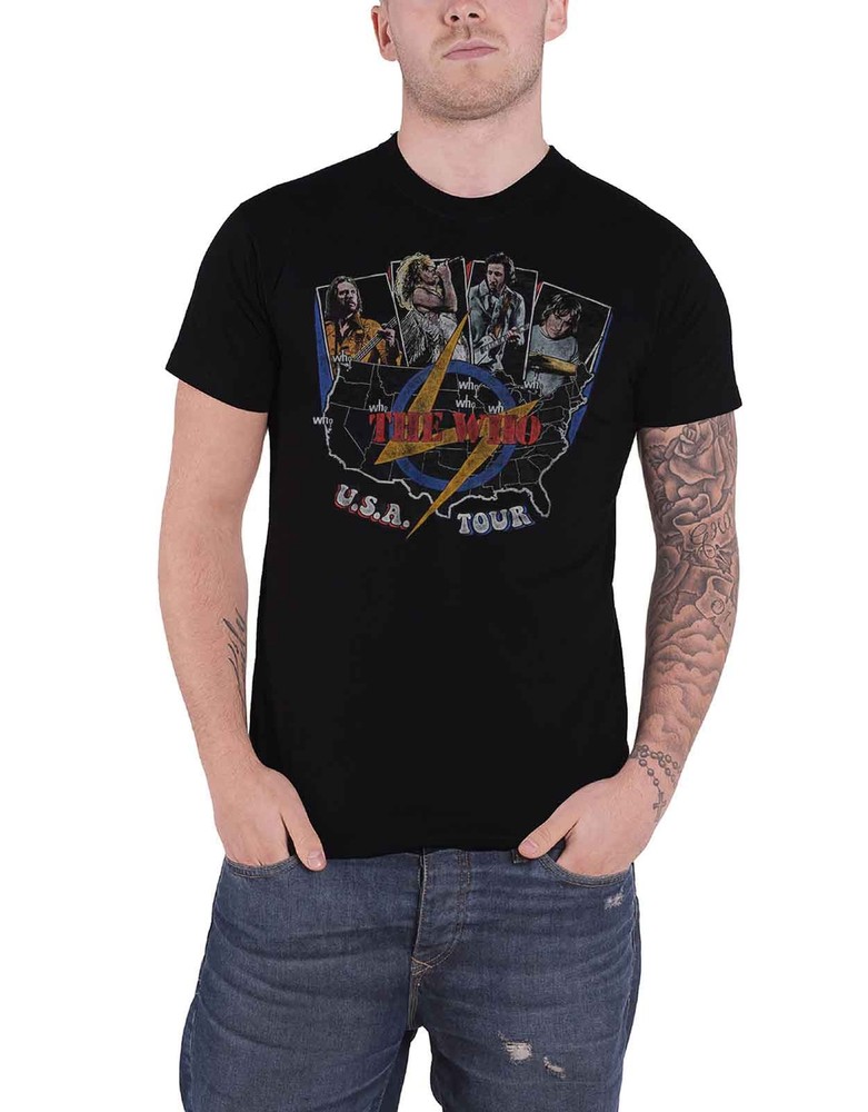 Official The Who USA Tour Vintage Band Logo Men’s Black T-Shirt New