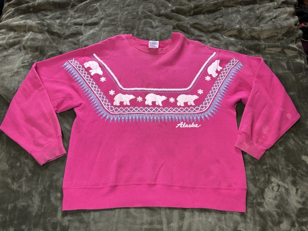 Vintage Alaska Polar Bear Aztec Sweater Crewneck Sweatshirt Mens Large Pink 80s