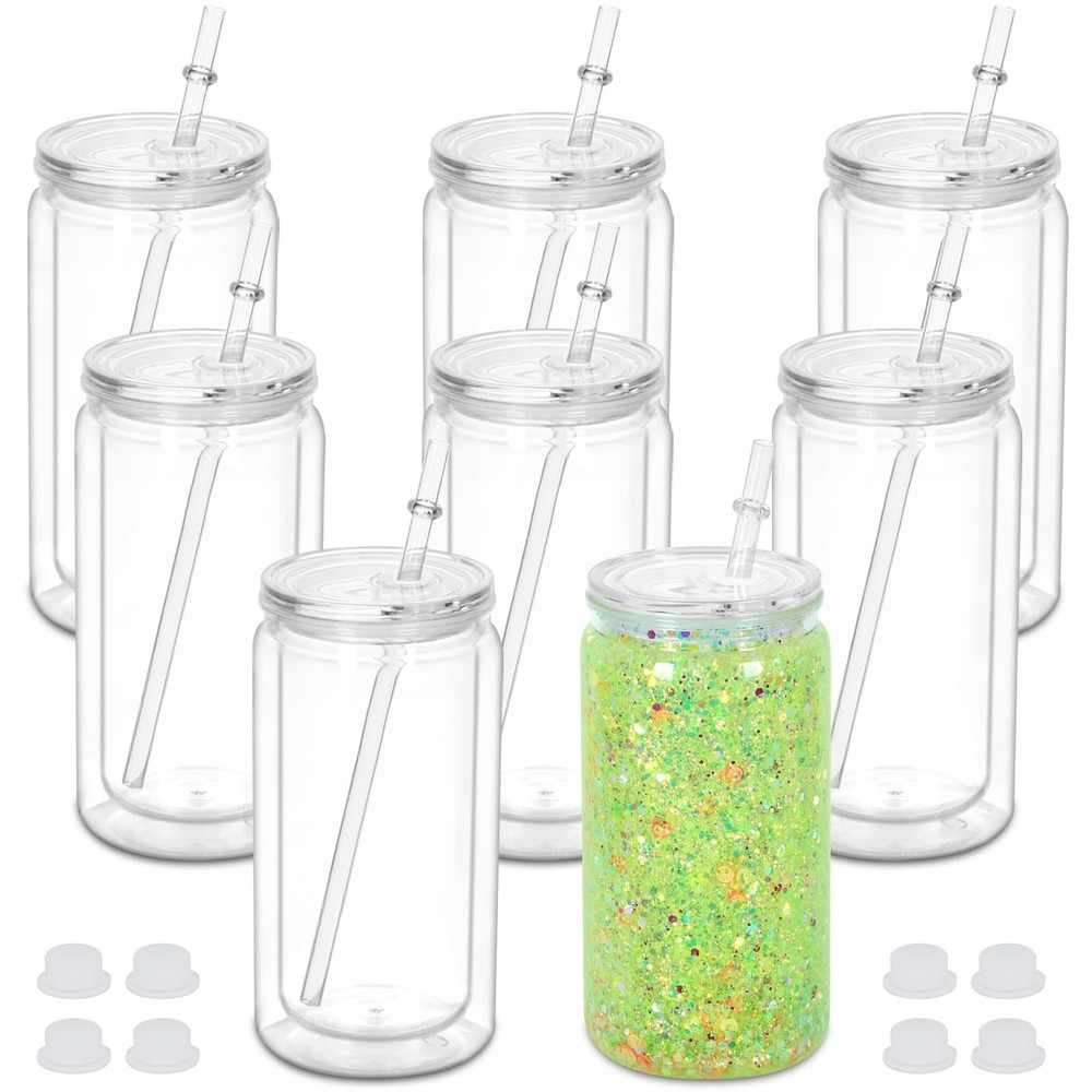 16 oz Double Wall Plastic Snow Globe Tumbler 8-Pack with Lid