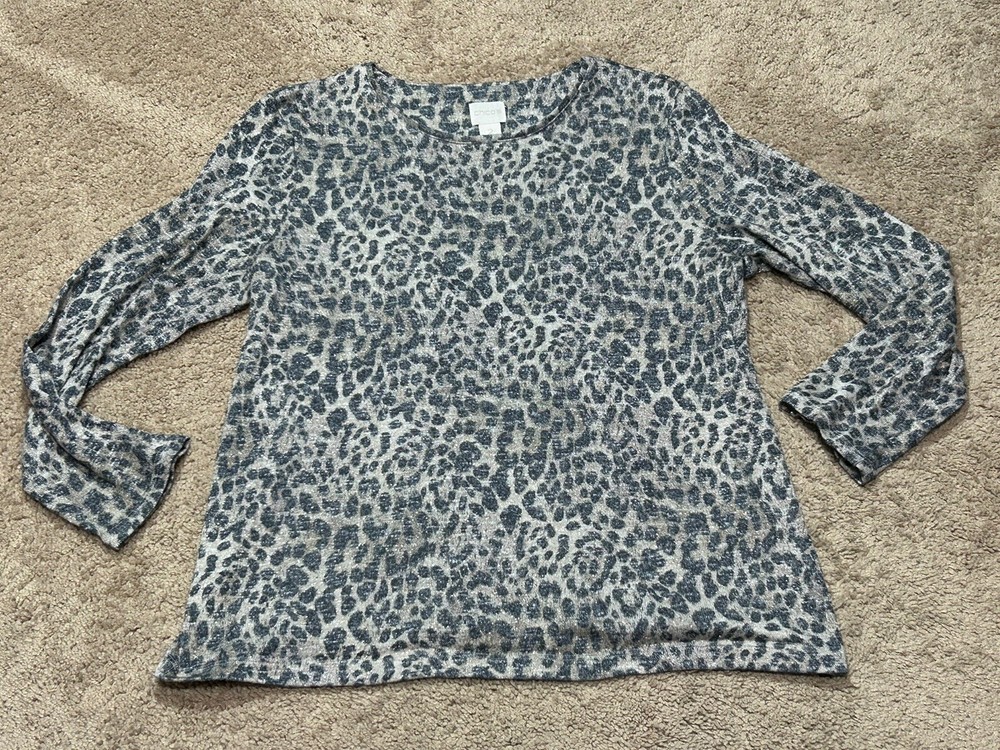 Chico's Womens Shirt Size 2 Multicolor Animal Print Sparkle Classic Comfort
