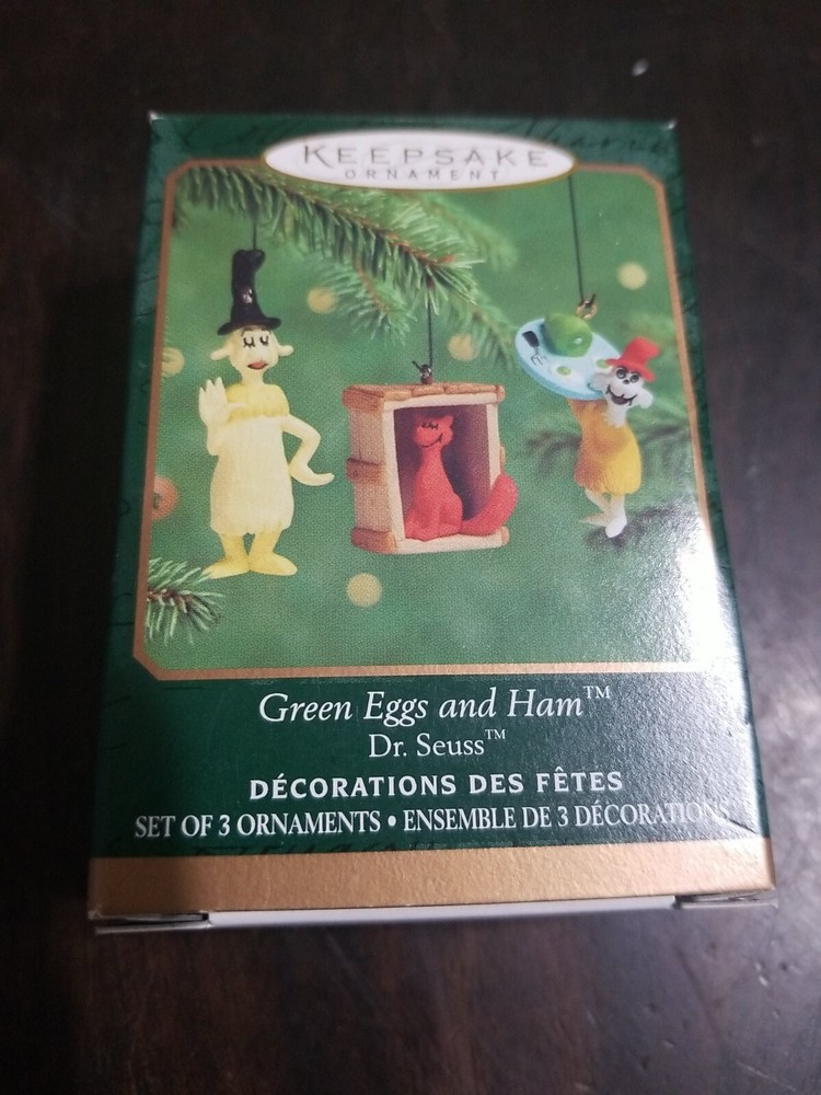HALLMARK MINIATURE CHRISTMAS 3 ORNAMENT SET DR SEUSS GREEN EGGS AND HAM 2000